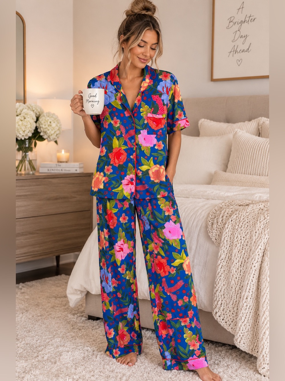 Room Service Floral Pajama Set Size L Blue Soft Stretch Straight Leg NWOT